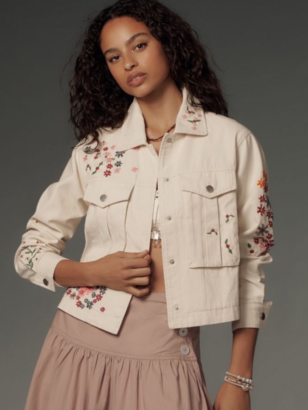 Anthropologie DOLAN Cream Embroidered Crop Jean Jacket